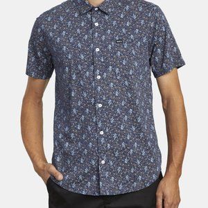 RVCA Men's Collared Short Sleeve Button Down Shirt Blue Floral 2XL XXL Slim Fit